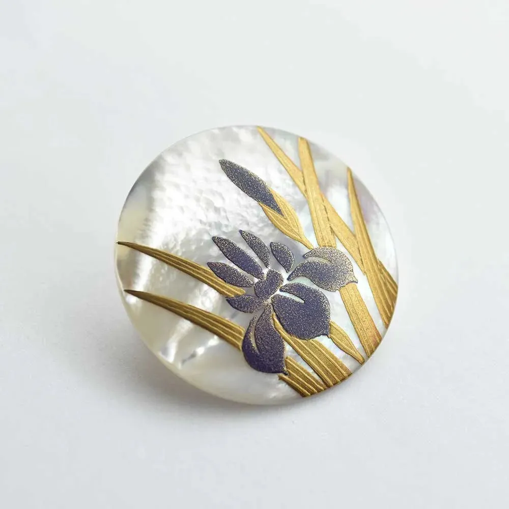 Maki-e Urushi Lacquer Brooch - White South Sea Pearl Shell / Japanese Iris Flower -, Traditional Japanese Urushi Lacquer Jewelry