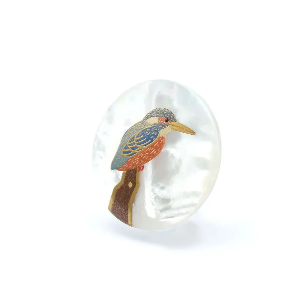 Maki-e Urushi Lacquer Brooch - White South Sea Pearl Shell / Kingfisher -, Traditional Japanese Urushi Lacquer Jewelry