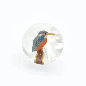 Maki-e Urushi Lacquer Brooch - White South Sea Pearl Shell / Kingfisher -, Traditional Japanese Urushi Lacquer Jewelry