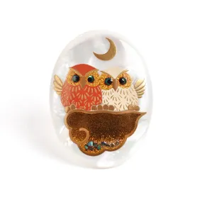 Maki-e Urushi Lacquer Brooch - White South Sea Pearl Shell / Owl -, Traditional Japanese Urushi Lacquer Jewelry