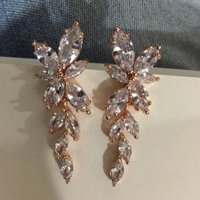 Marquise Cut Flower Cubic Zirconia Crystal Long Drop Earrings  Leaf  Bridal Wedding Jewelry