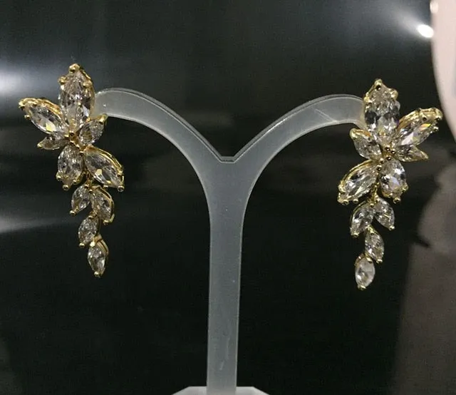 Marquise Cut Flower Cubic Zirconia Crystal Long Drop Earrings  Leaf  Bridal Wedding Jewelry