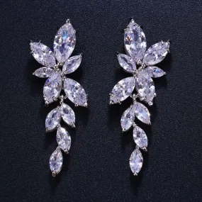 Marquise Cut Flower Cubic Zirconia Crystal Long Drop Earrings  Leaf  Bridal Wedding Jewelry