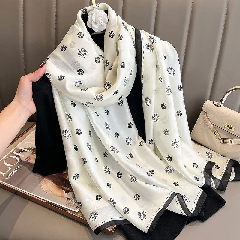 Milky White Black Rose Floral Design Luxury Satin Silk Scarf