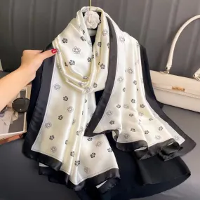 Milky White Black Rose Floral Design Luxury Satin Silk Scarf