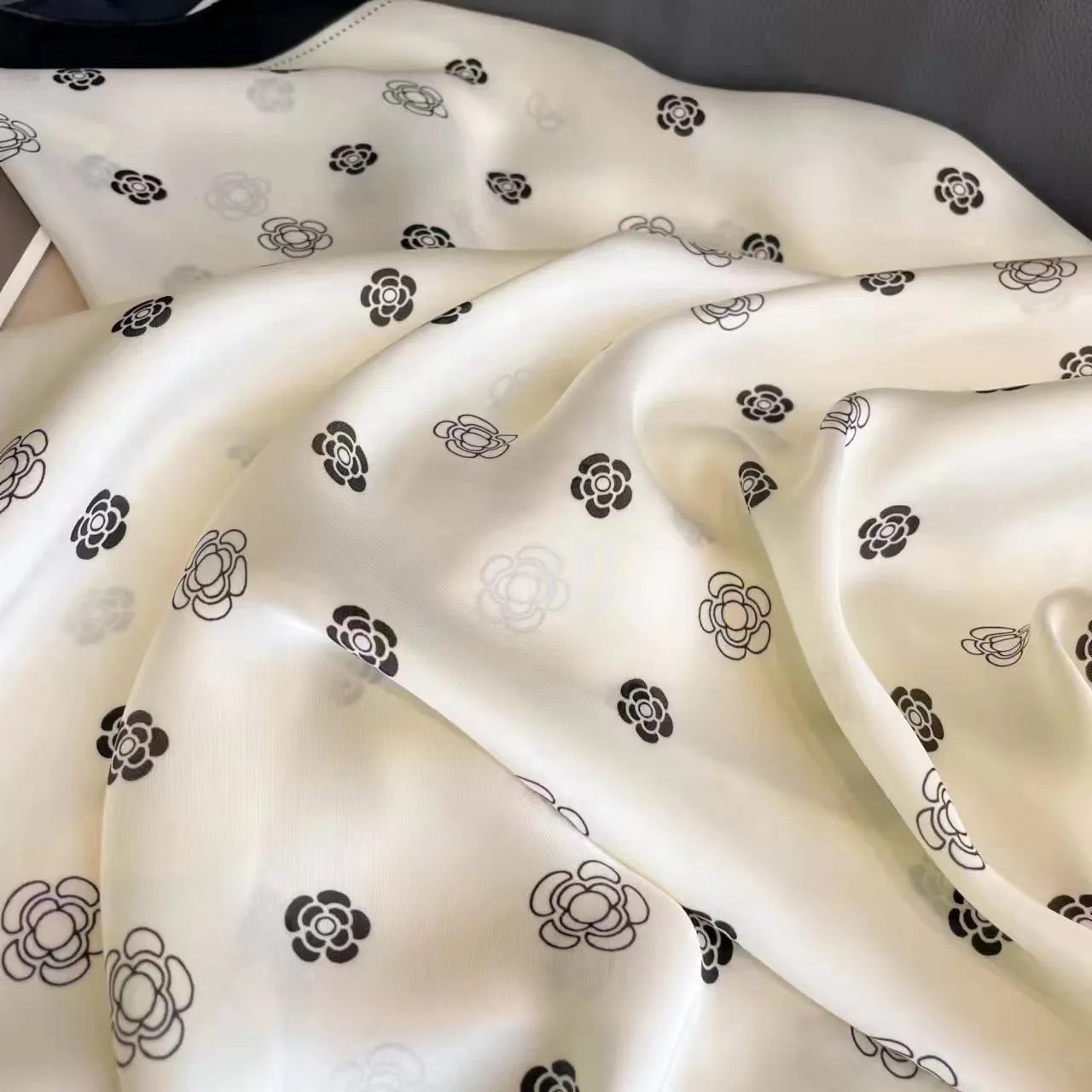 Milky White Black Rose Floral Design Luxury Satin Silk Scarf