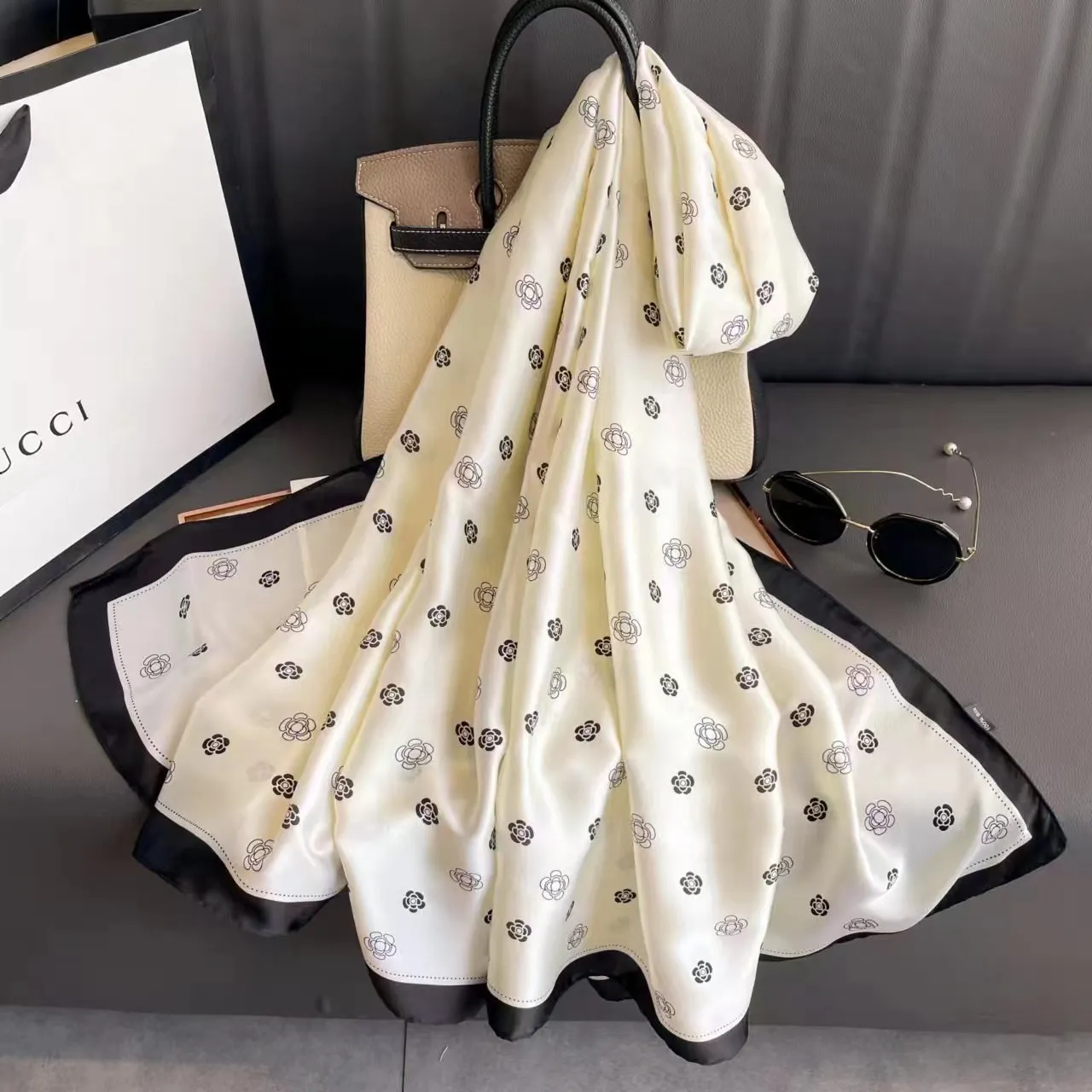 Milky White Black Rose Floral Design Luxury Satin Silk Scarf
