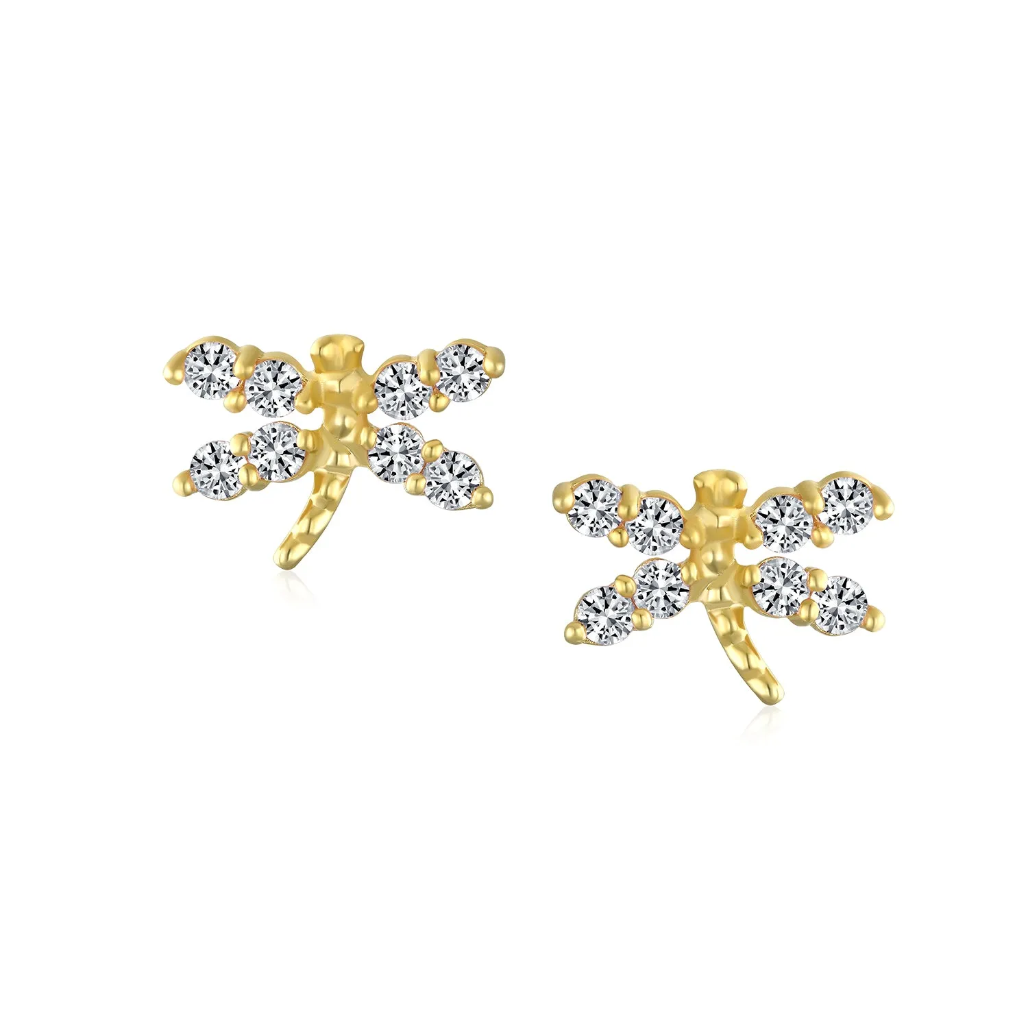 Minimalist Tiny CZ Stud Earrings, Dragonfly & Butterfly, 14K Gold, Birthstone Colors
