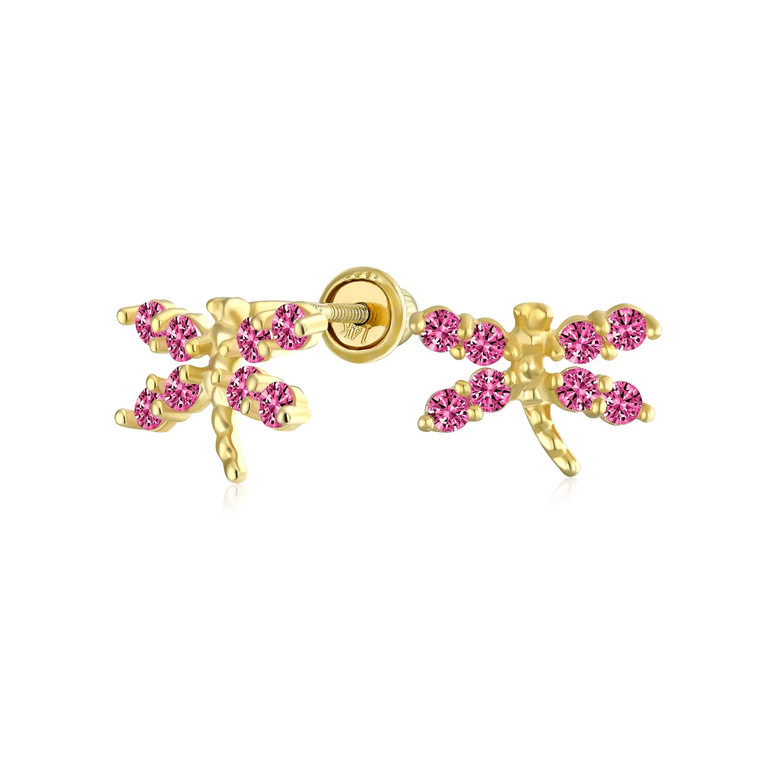 Minimalist Tiny CZ Stud Earrings, Dragonfly & Butterfly, 14K Gold, Birthstone Colors