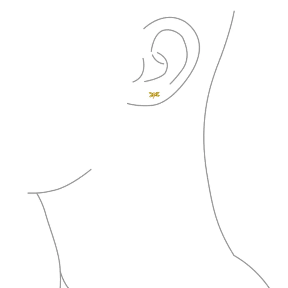 Minimalist Tiny CZ Stud Earrings, Dragonfly & Butterfly, 14K Gold, Birthstone Colors