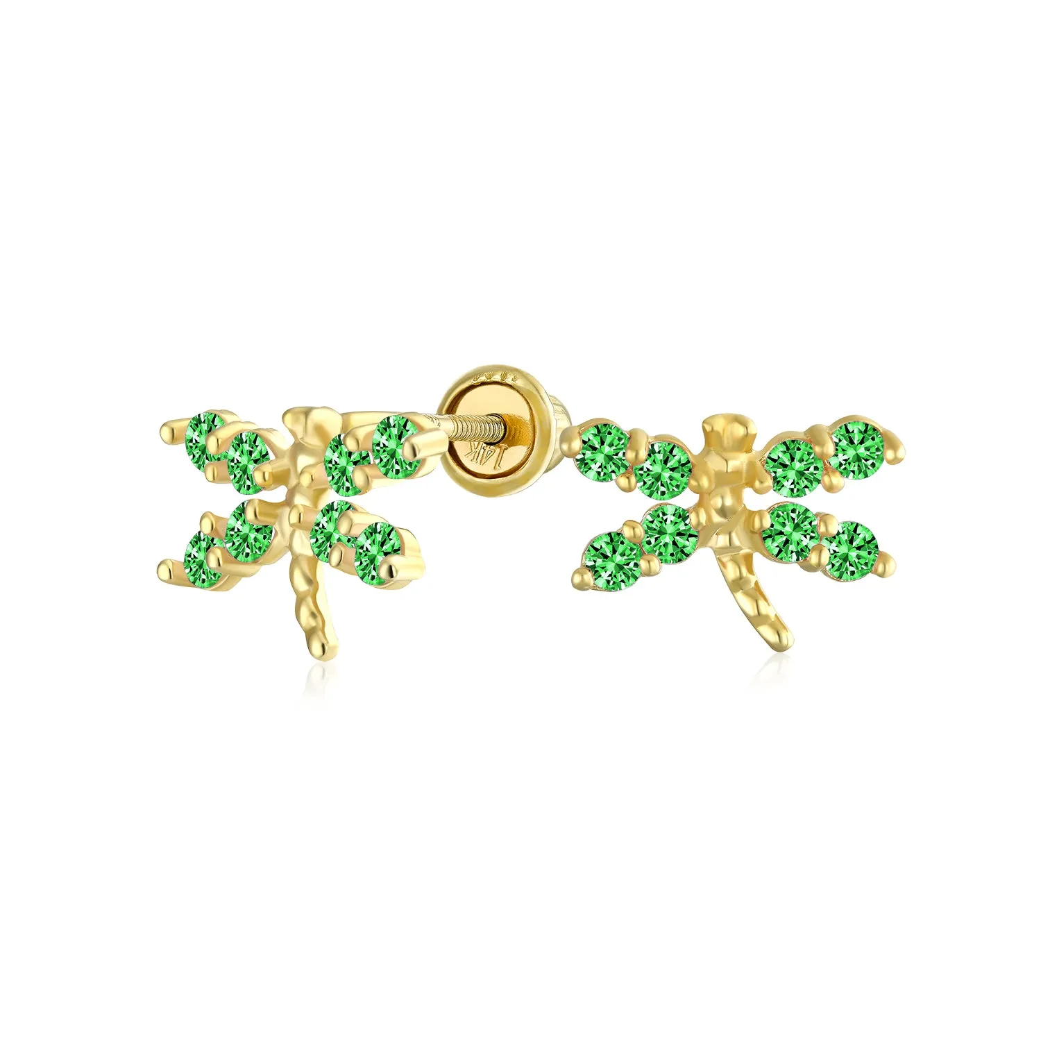 Minimalist Tiny CZ Stud Earrings, Dragonfly & Butterfly, 14K Gold, Birthstone Colors