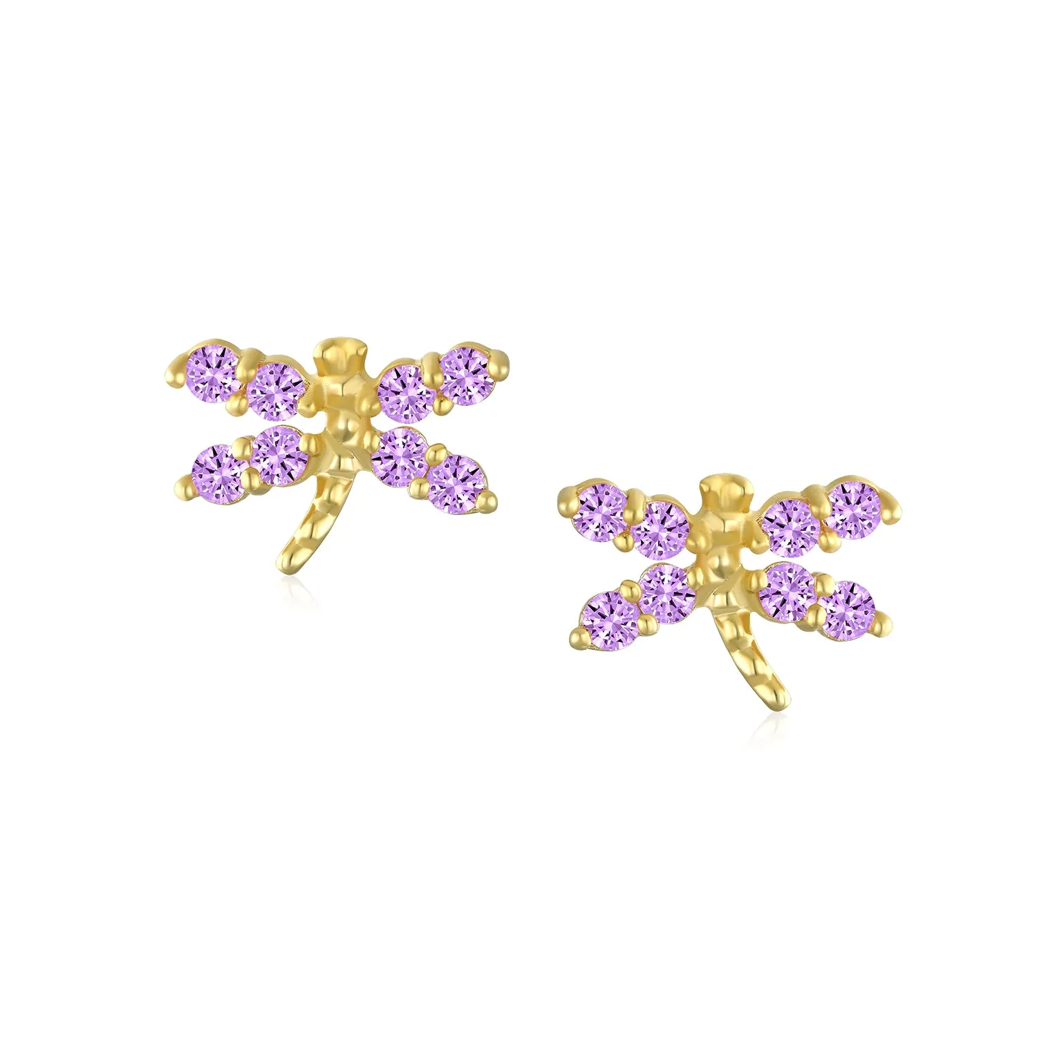 Minimalist Tiny CZ Stud Earrings, Dragonfly & Butterfly, 14K Gold, Birthstone Colors