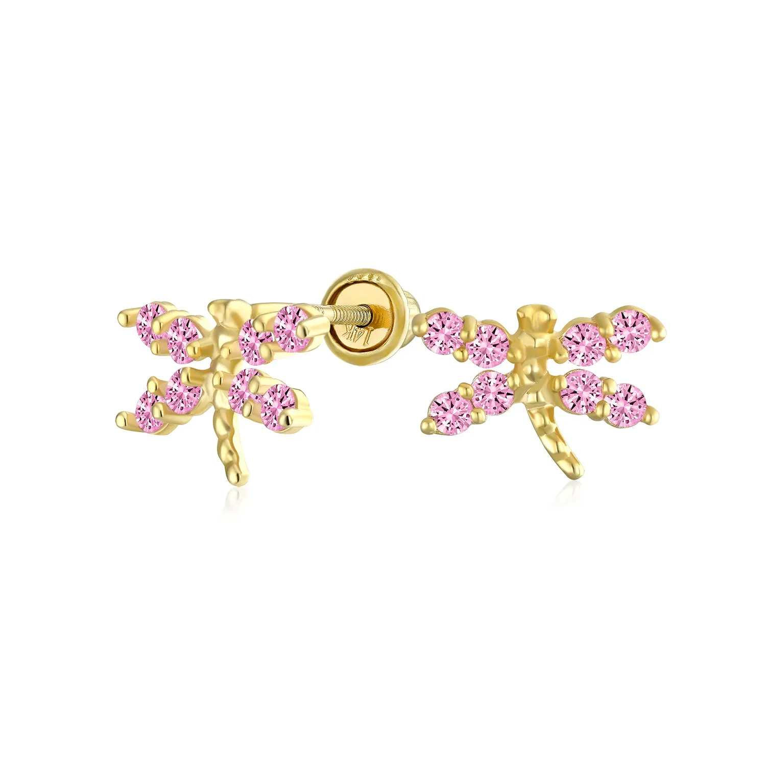 Minimalist Tiny CZ Stud Earrings, Dragonfly & Butterfly, 14K Gold, Birthstone Colors