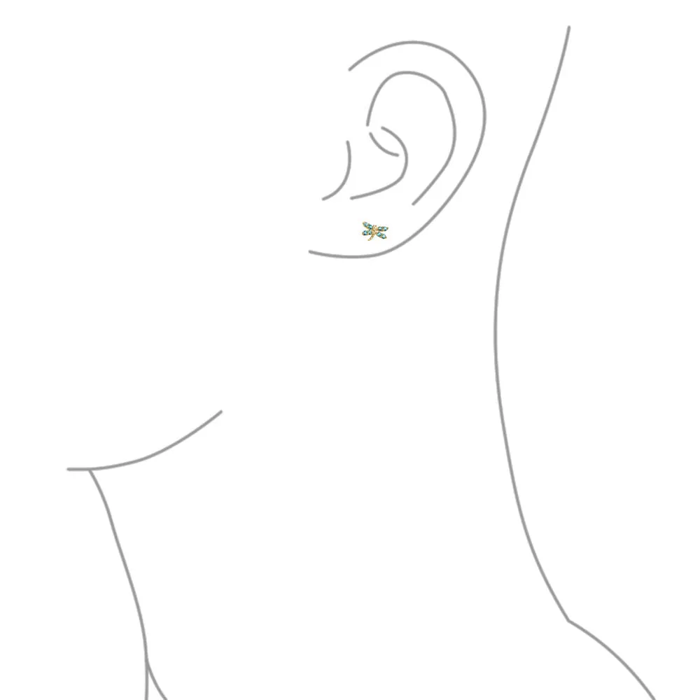 Minimalist Tiny CZ Stud Earrings, Dragonfly & Butterfly, 14K Gold, Birthstone Colors