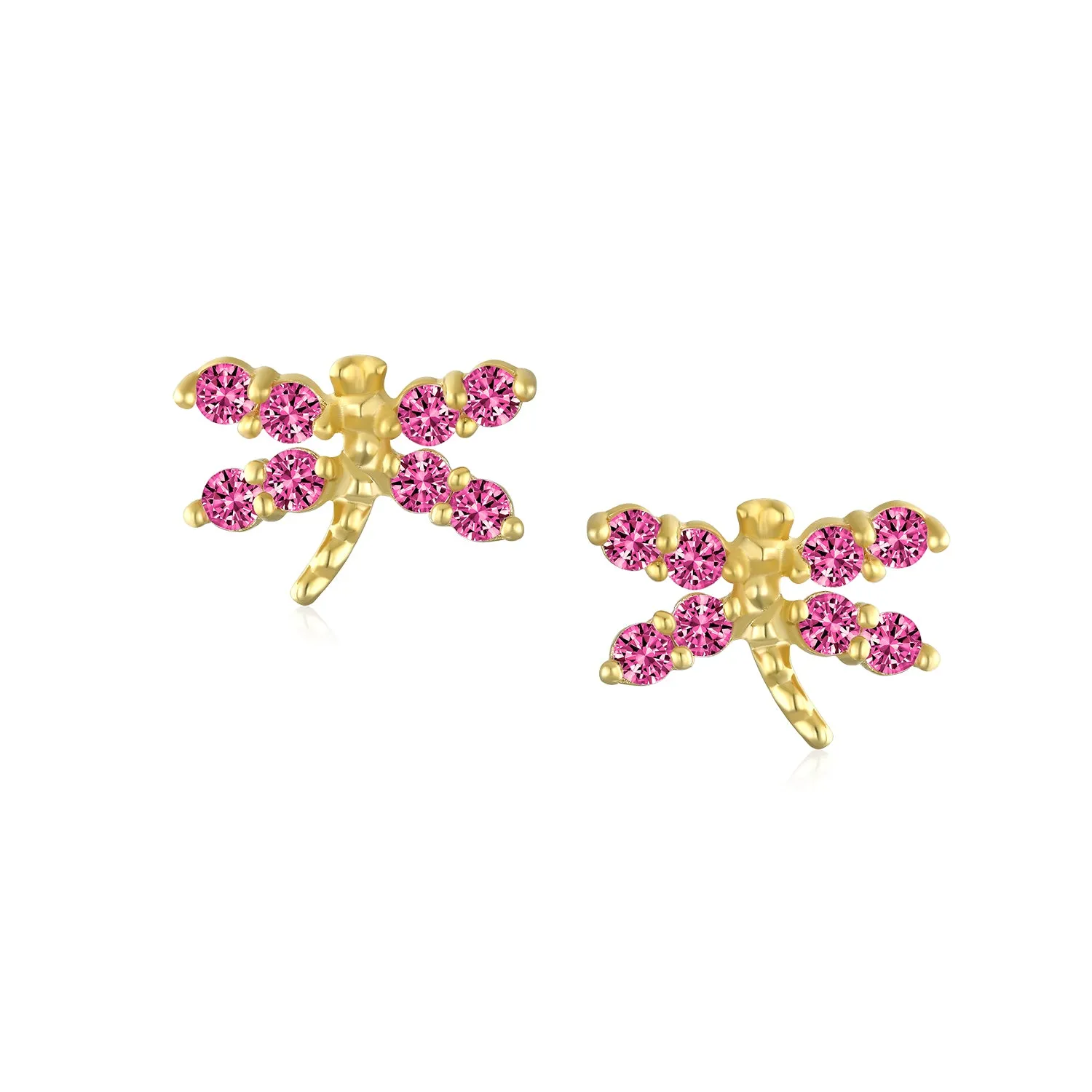 Minimalist Tiny CZ Stud Earrings, Dragonfly & Butterfly, 14K Gold, Birthstone Colors