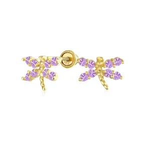 Minimalist Tiny CZ Stud Earrings, Dragonfly & Butterfly, 14K Gold, Birthstone Colors