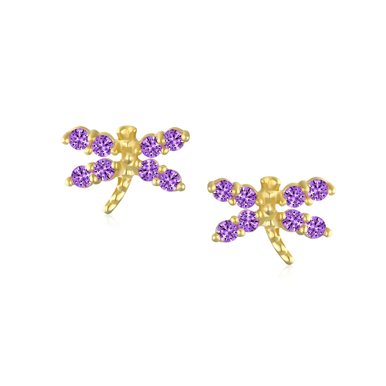 Minimalist Tiny CZ Stud Earrings, Dragonfly & Butterfly, 14K Gold, Birthstone Colors