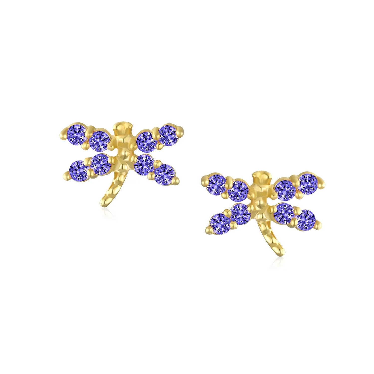 Minimalist Tiny CZ Stud Earrings, Dragonfly & Butterfly, 14K Gold, Birthstone Colors
