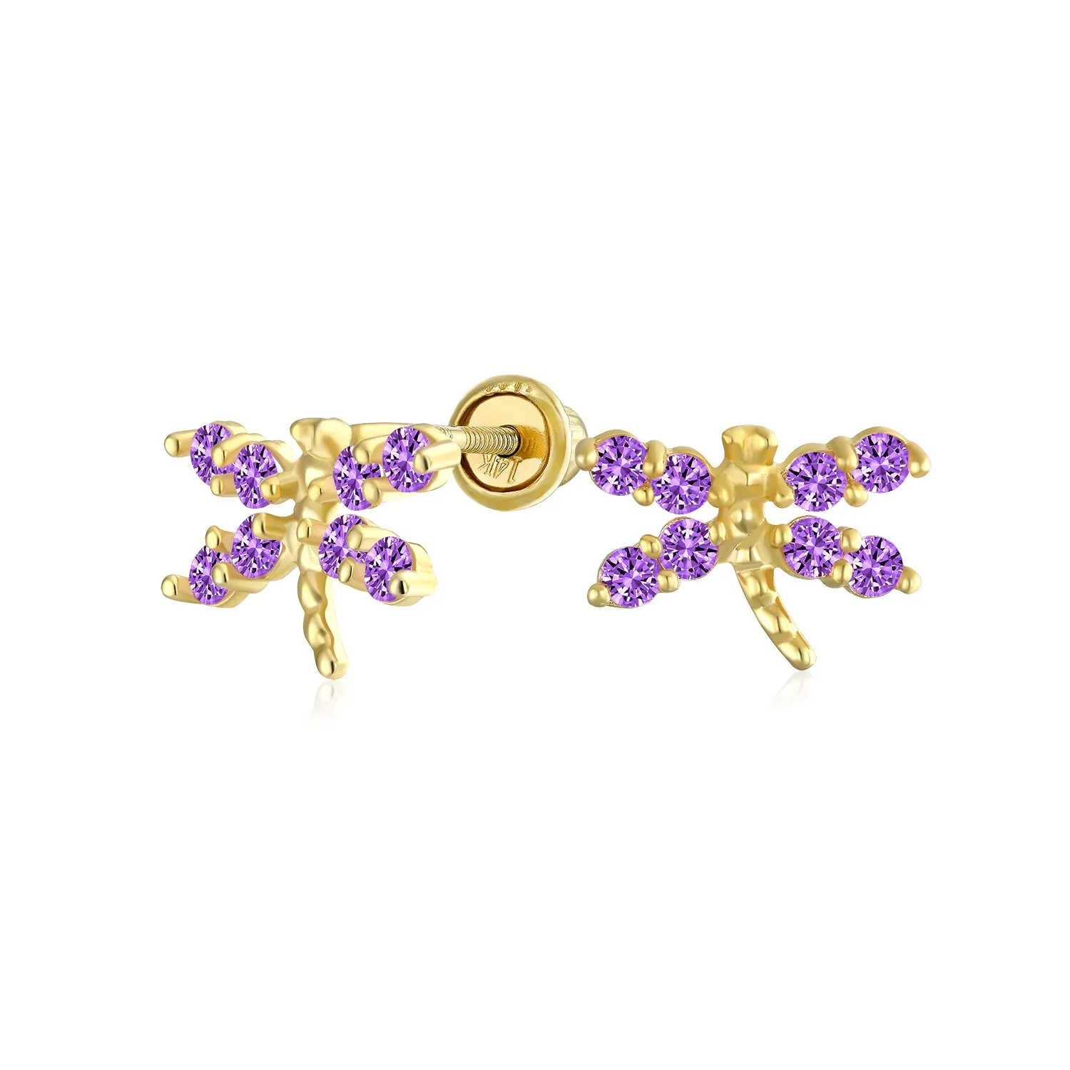 Minimalist Tiny CZ Stud Earrings, Dragonfly & Butterfly, 14K Gold, Birthstone Colors