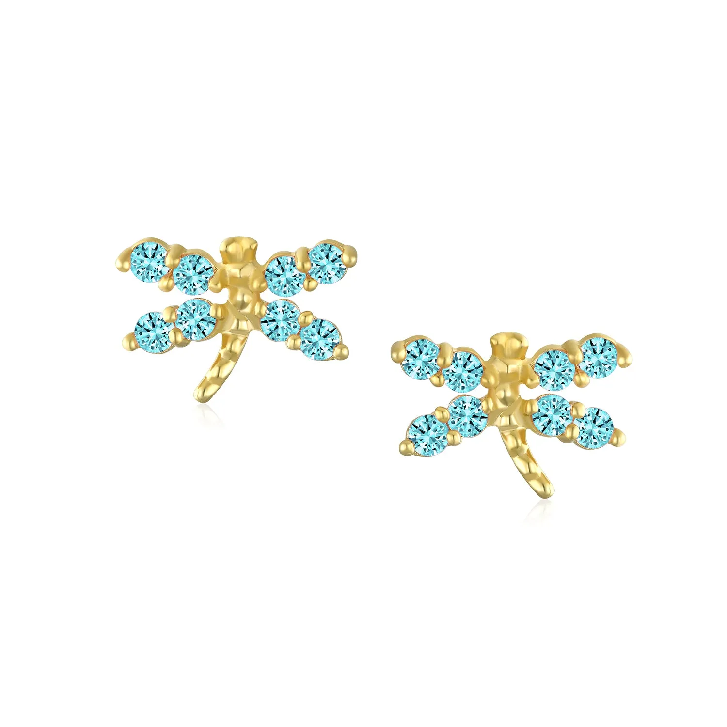 Minimalist Tiny CZ Stud Earrings, Dragonfly & Butterfly, 14K Gold, Birthstone Colors