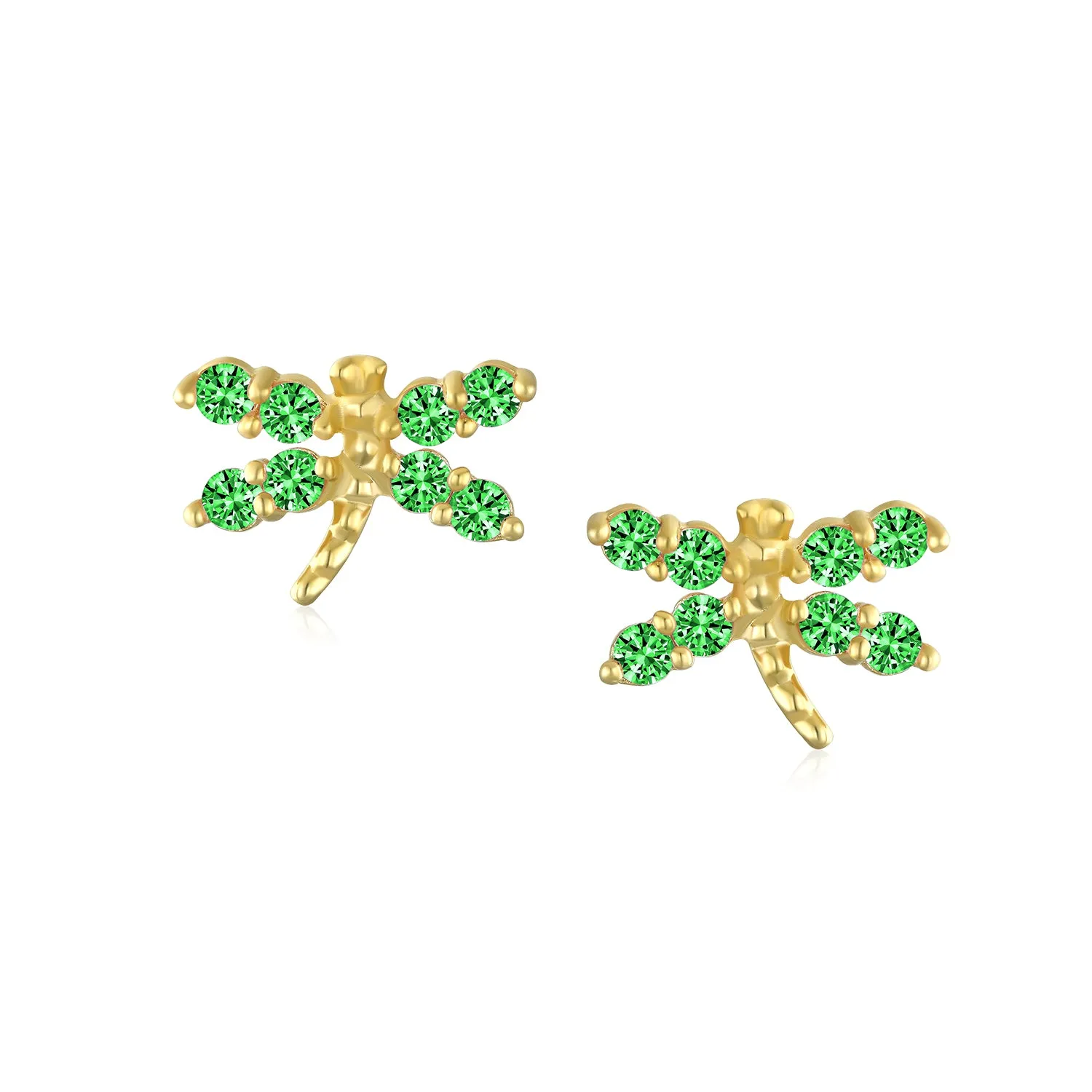 Minimalist Tiny CZ Stud Earrings, Dragonfly & Butterfly, 14K Gold, Birthstone Colors