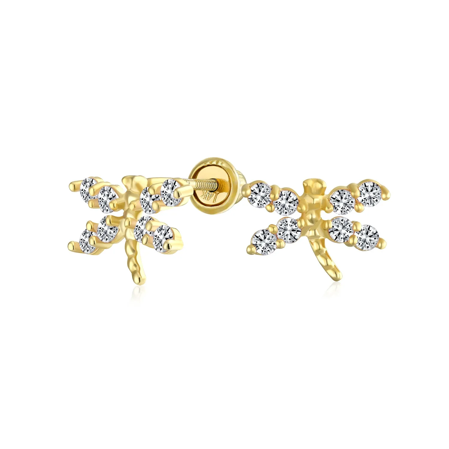 Minimalist Tiny CZ Stud Earrings, Dragonfly & Butterfly, 14K Gold, Birthstone Colors