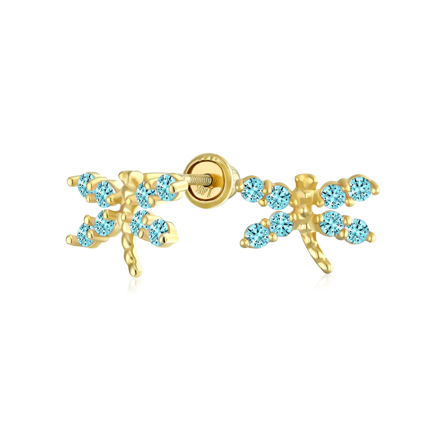 Minimalist Tiny CZ Stud Earrings, Dragonfly & Butterfly, 14K Gold, Birthstone Colors