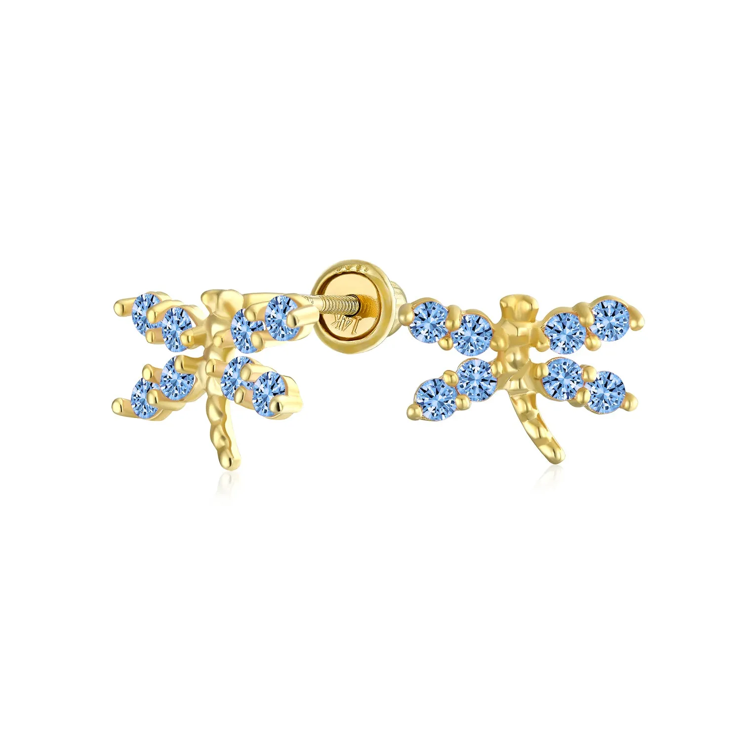 Minimalist Tiny CZ Stud Earrings, Dragonfly & Butterfly, 14K Gold, Birthstone Colors