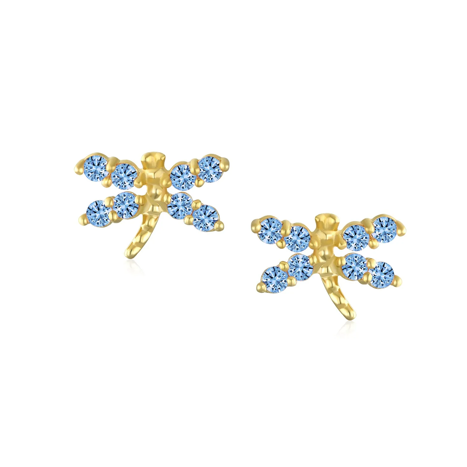 Minimalist Tiny CZ Stud Earrings, Dragonfly & Butterfly, 14K Gold, Birthstone Colors