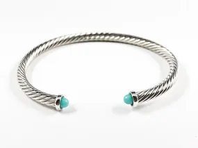 Modern Thin Cable Wire Texture With Dainty Turquoise Crystal Duo Ends Brass Cuff Bangle