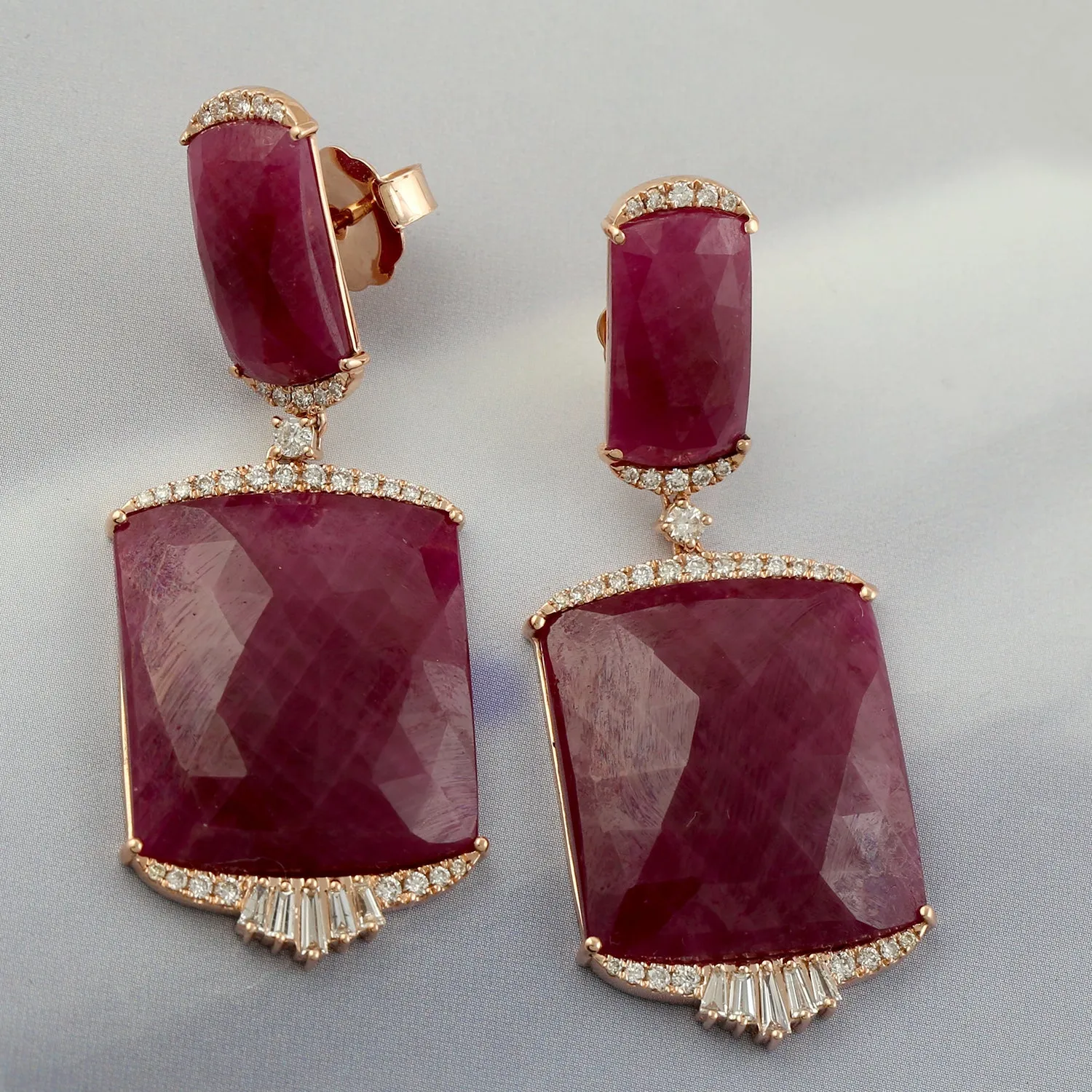 Natural Ruby & pave Diamond Designer Dangle Earrings In 18k Yellow Gold Handmade Jewelry
