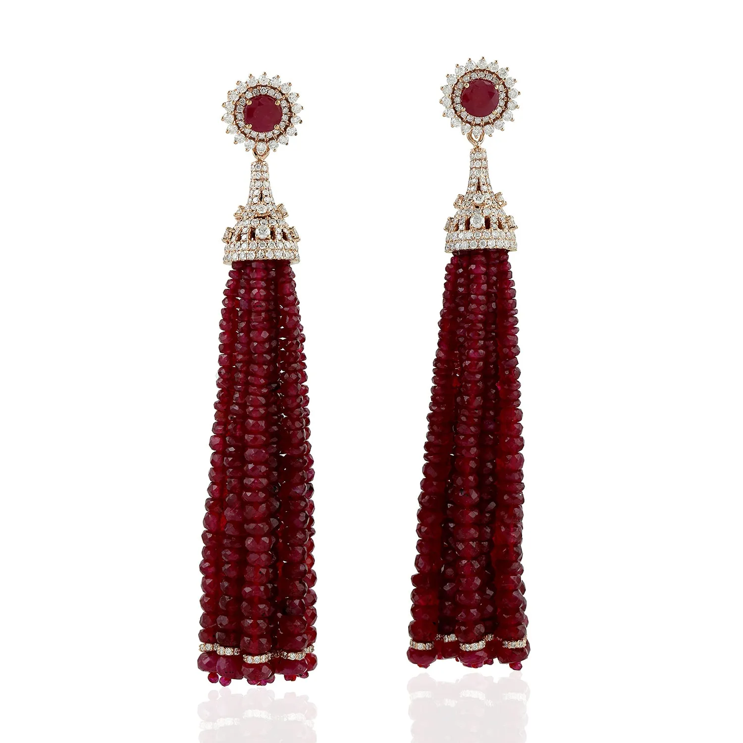 Natural Ruby Beads Tassel Earrings 18K Rose Gold Diamond Jewelry Gift