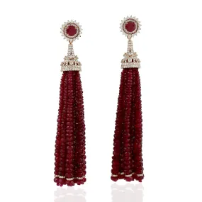 Natural Ruby Beads Tassel Earrings 18K Rose Gold Diamond Jewelry Gift
