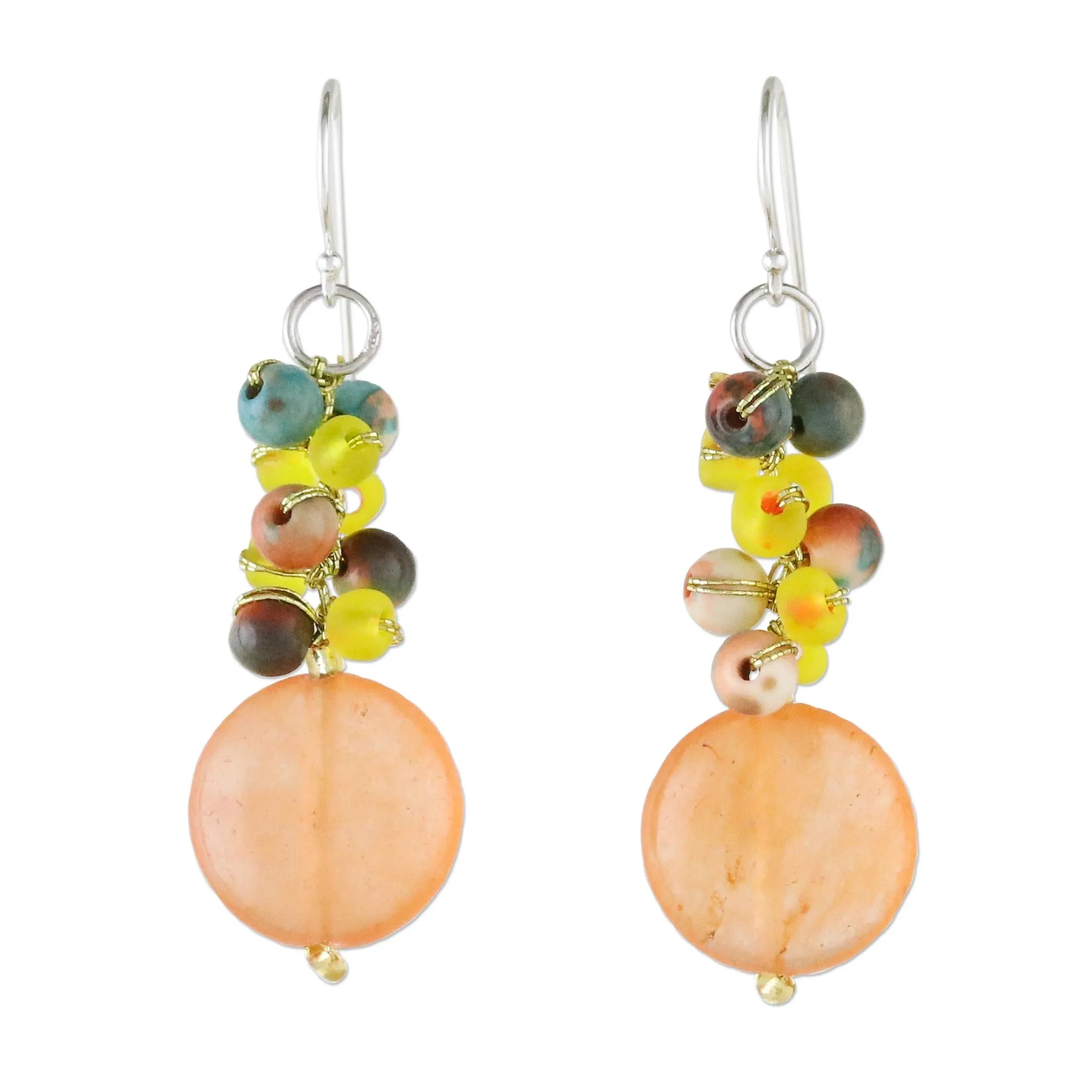 Orange Quartz and Glass Bead Dangle Earrings from Thailand - Fun Circles in Orange | NOVICA