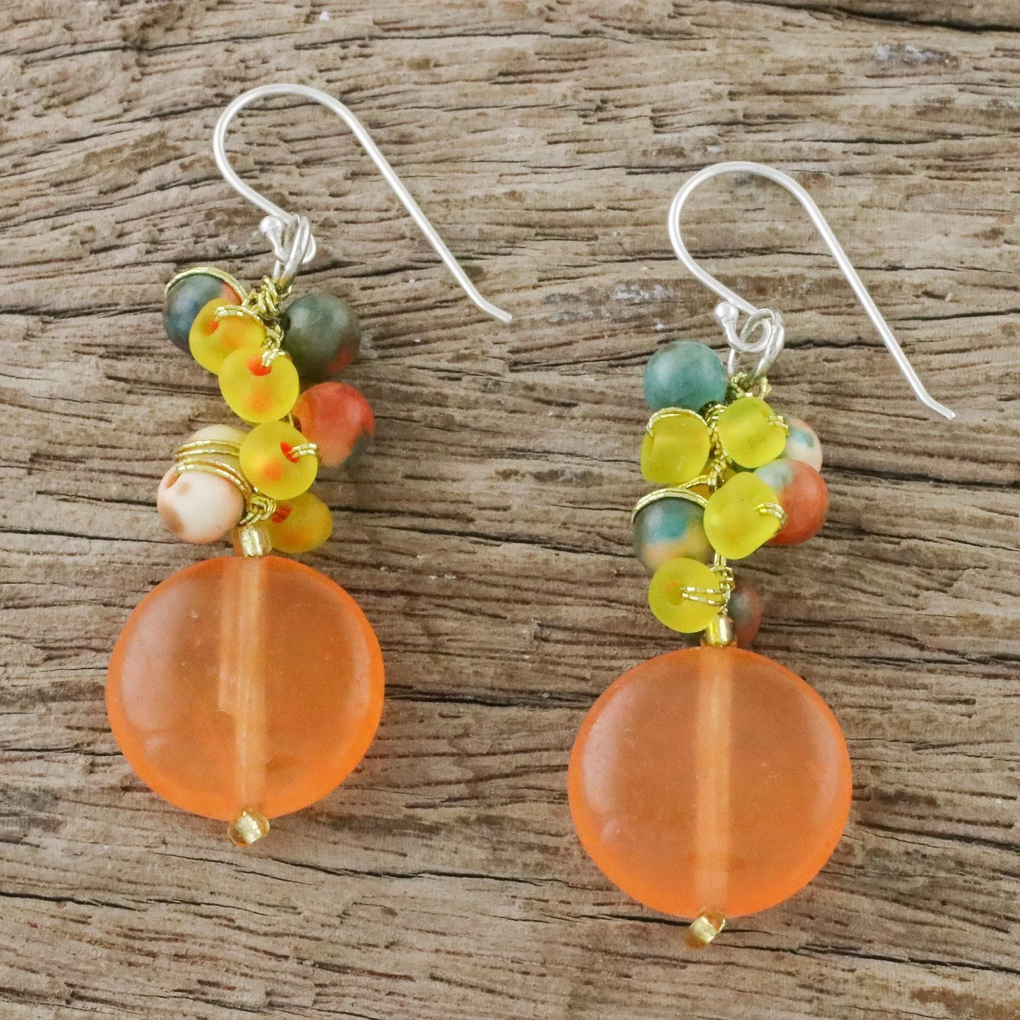 Orange Quartz and Glass Bead Dangle Earrings from Thailand - Fun Circles in Orange | NOVICA