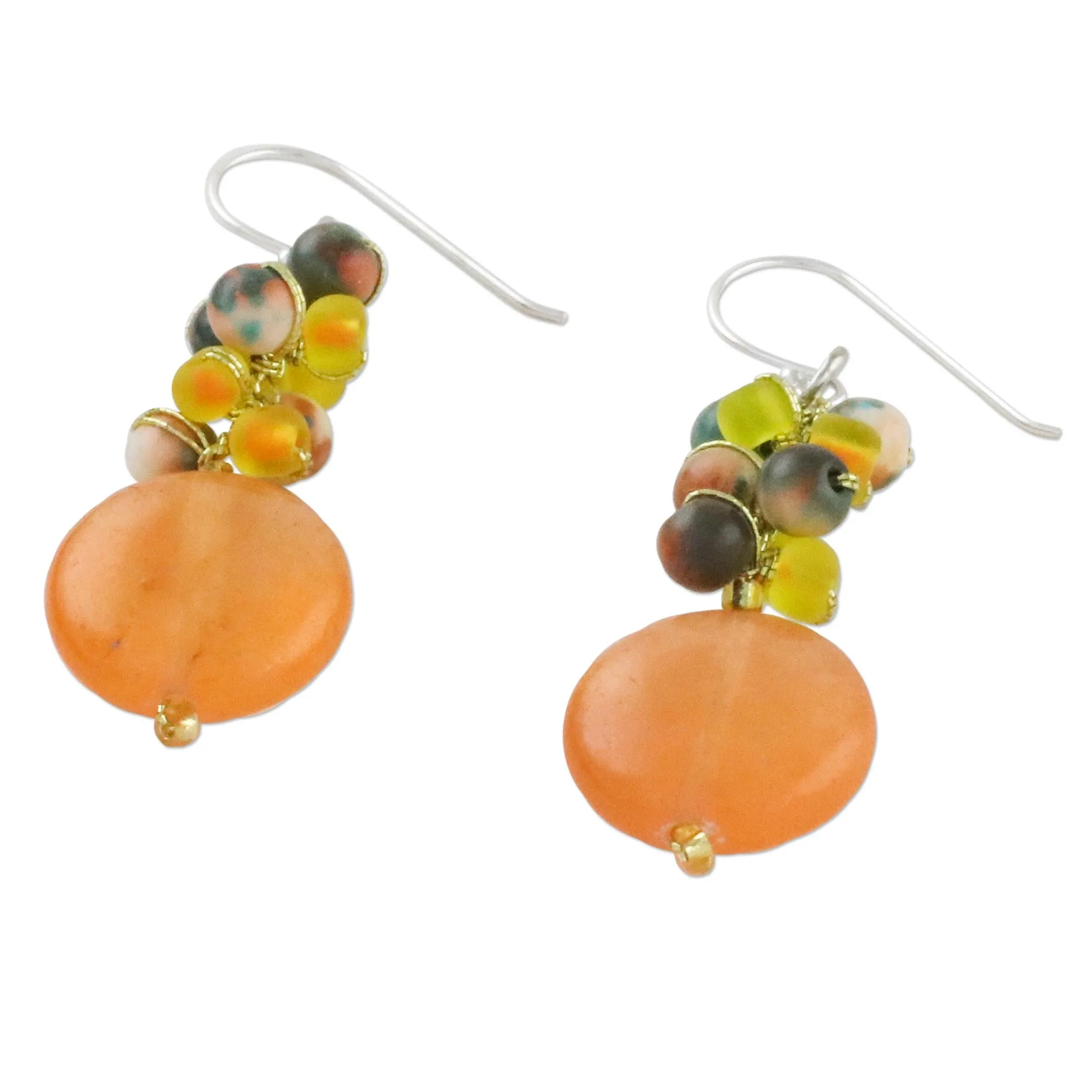 Orange Quartz and Glass Bead Dangle Earrings from Thailand - Fun Circles in Orange | NOVICA