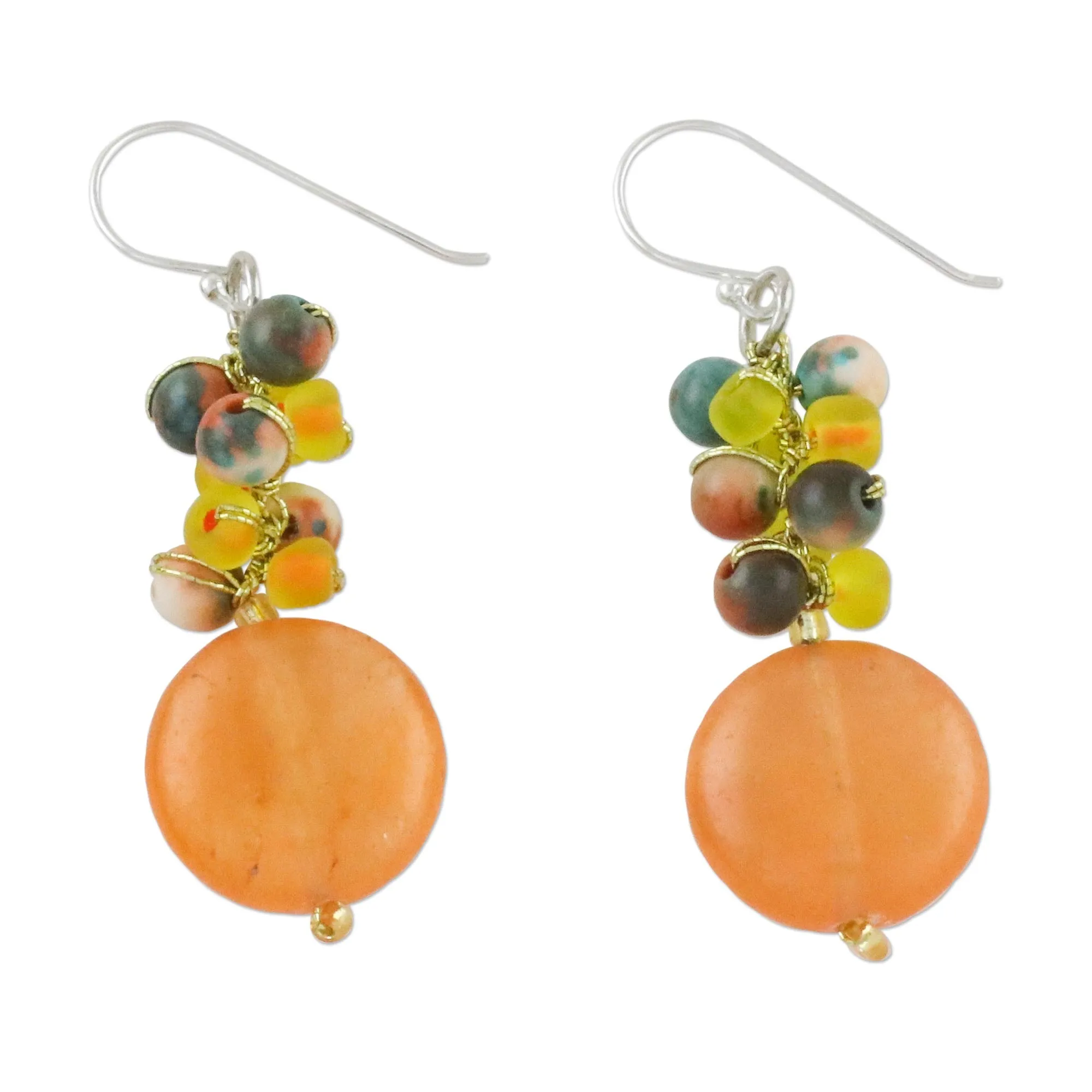 Orange Quartz and Glass Bead Dangle Earrings from Thailand - Fun Circles in Orange | NOVICA