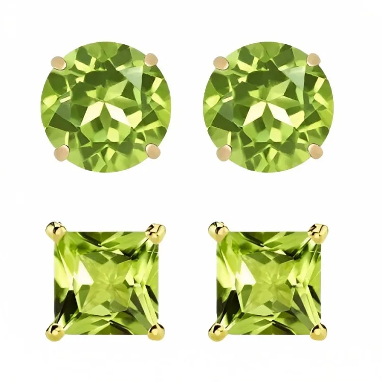 Paris Jewelry 18k Yellow Gold 2 Pair Created Peridot 4mm, 6mm Round & Princess Cut Stud Earrings Plated