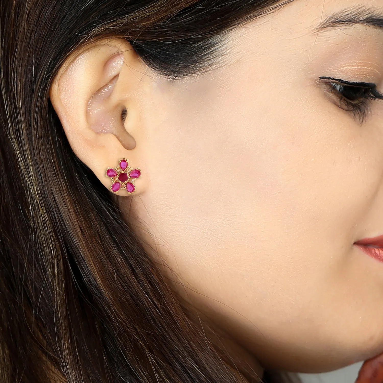 Pear Cut Ruby Diamond Daisy Stud Earrings 18k Yellow Gold