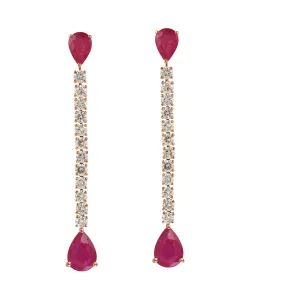 Pear Cut Ruby July Birthstone Pave Diamond Bar Drop Danglers In 18k Yellow Gold