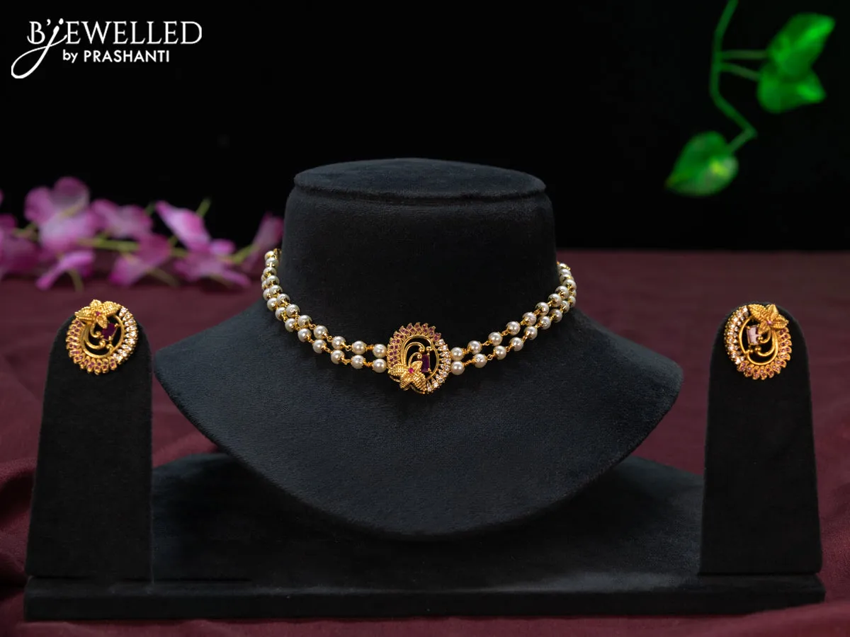 Pearl choker leaf design with ruby and cz stones