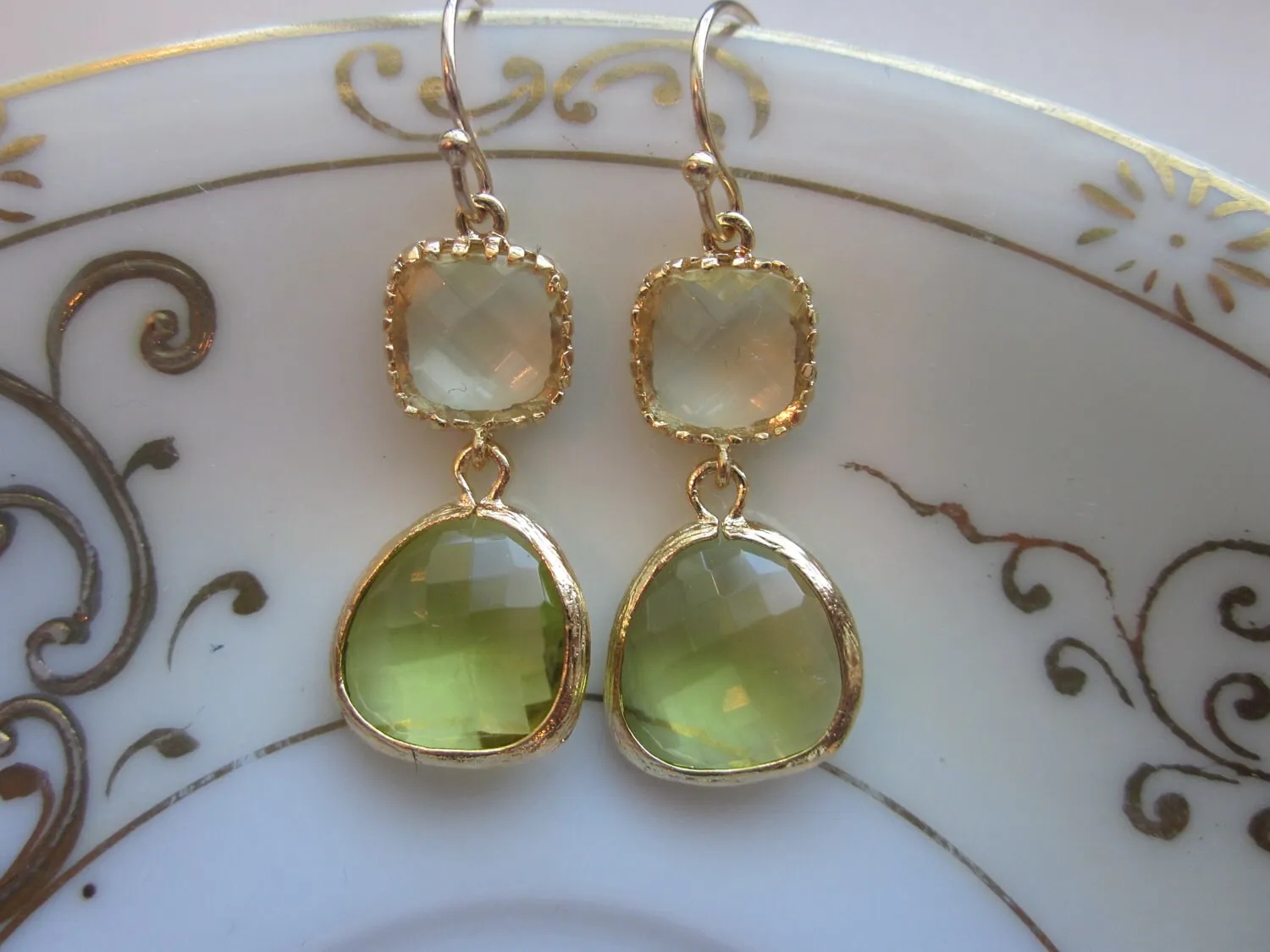 Peridot Earrings Green Citrine Block Gold Plated - Bridesmaid Earrings Wedding Earrings Valentines Day Gift