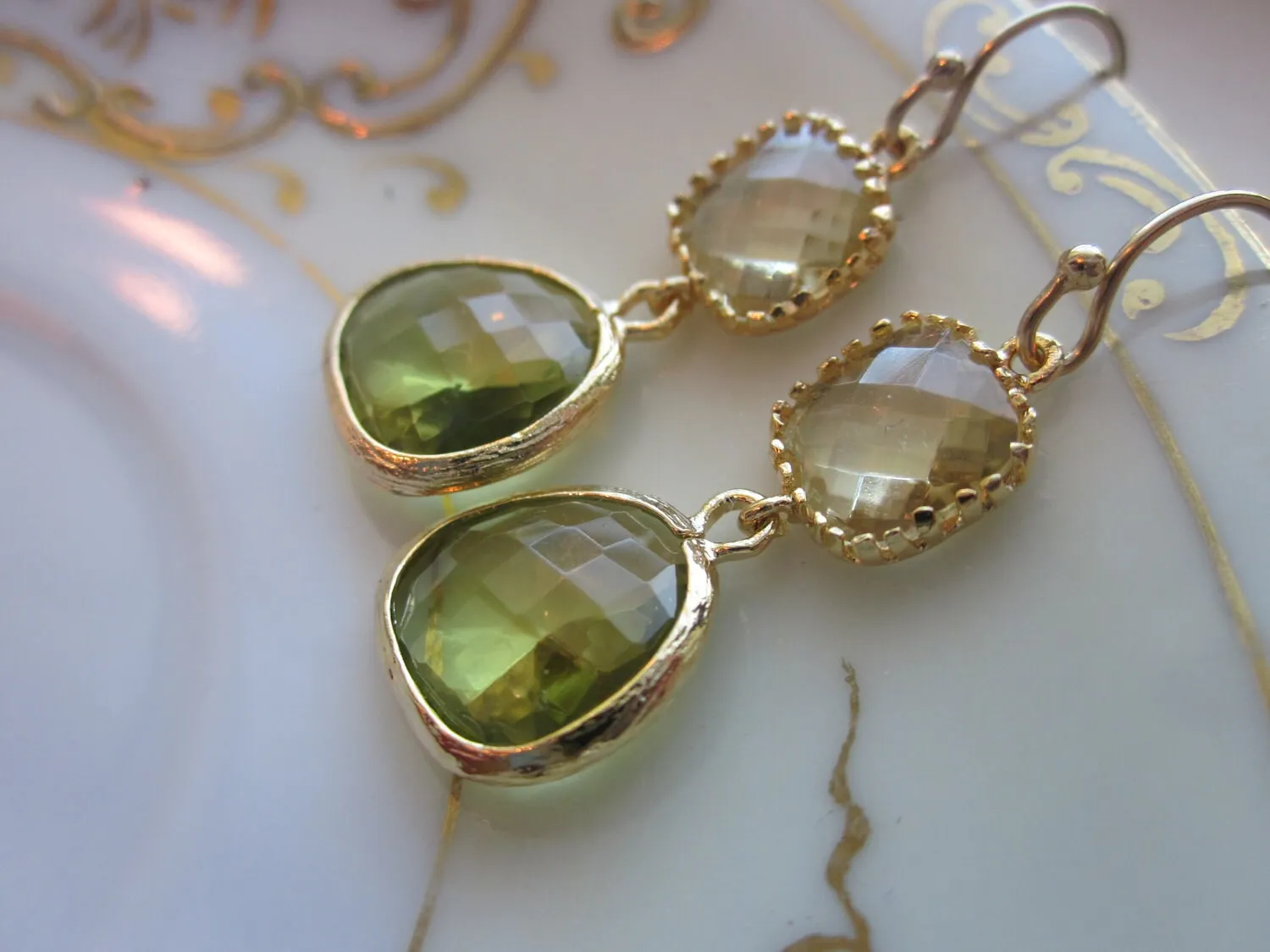Peridot Earrings Green Citrine Block Gold Plated - Bridesmaid Earrings Wedding Earrings Valentines Day Gift