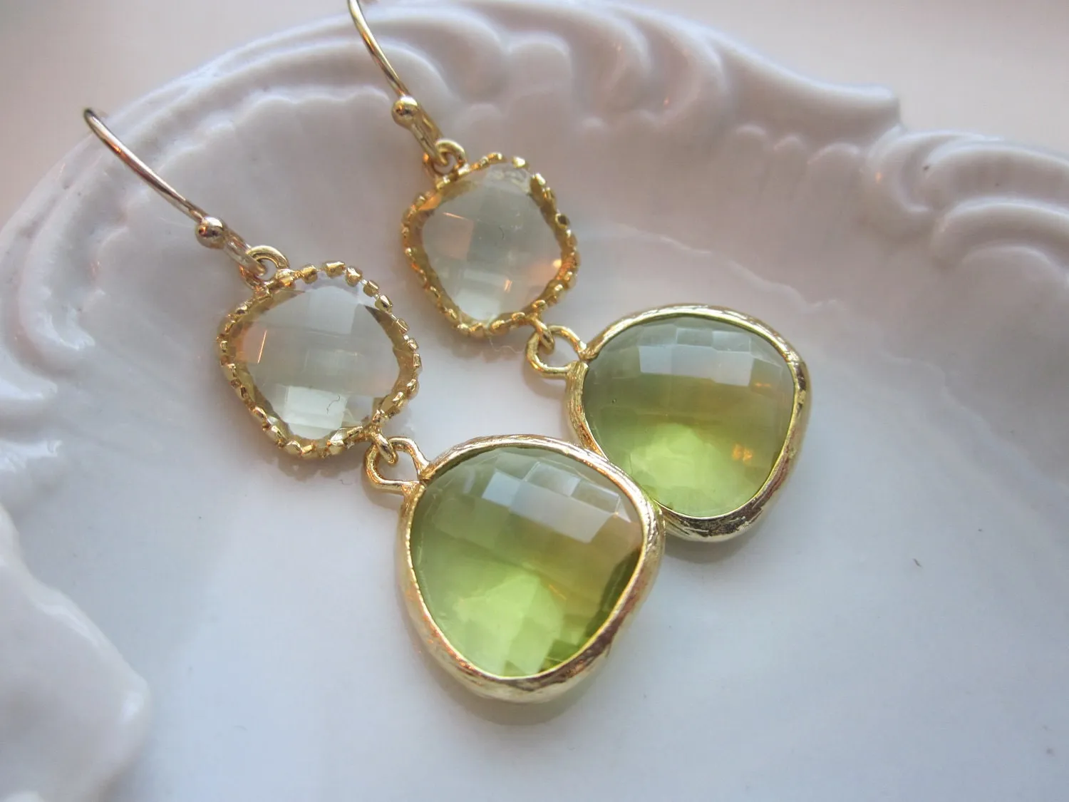 Peridot Earrings Green Citrine Block Gold Plated - Bridesmaid Earrings Wedding Earrings Valentines Day Gift