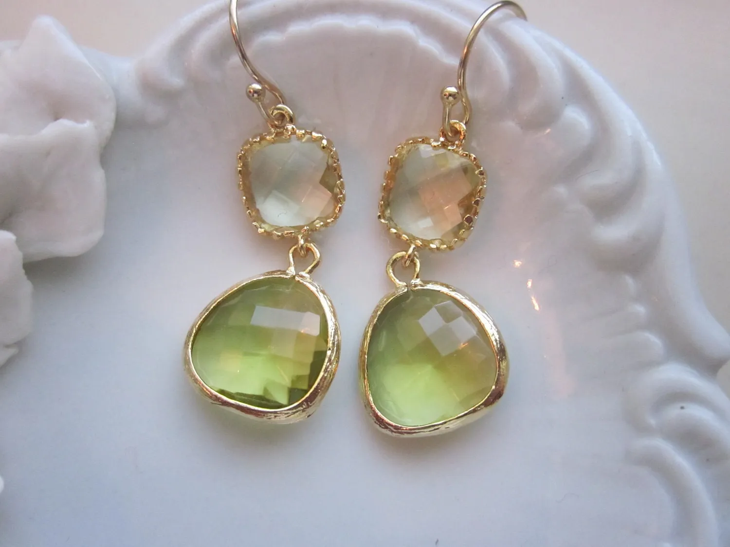 Peridot Earrings Green Citrine Block Gold Plated - Bridesmaid Earrings Wedding Earrings Valentines Day Gift
