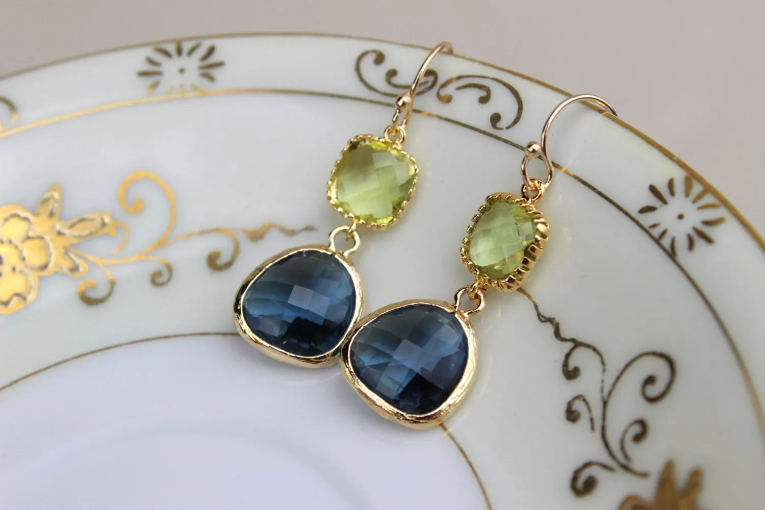 Peridot Green Earrings Sapphire Navy Gold Plated Glass - Bridesmaid Earrings - Wedding Earrings - Bridesmaid Jewelry - Wedding Jewelry