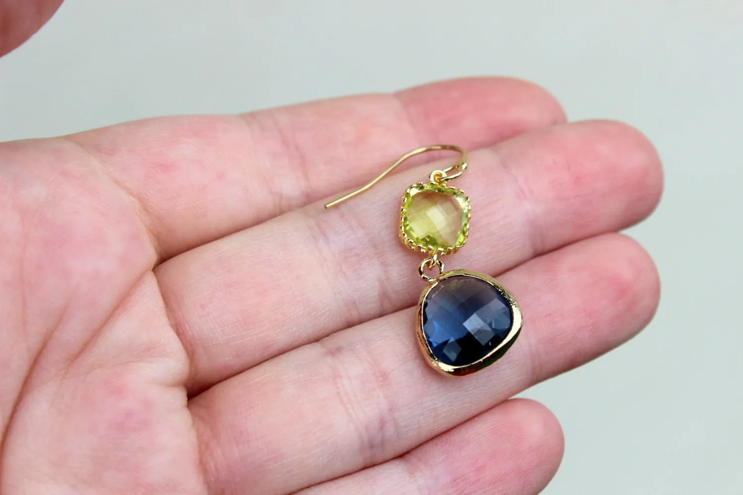 Peridot Green Earrings Sapphire Navy Gold Plated Glass - Bridesmaid Earrings - Wedding Earrings - Bridesmaid Jewelry - Wedding Jewelry