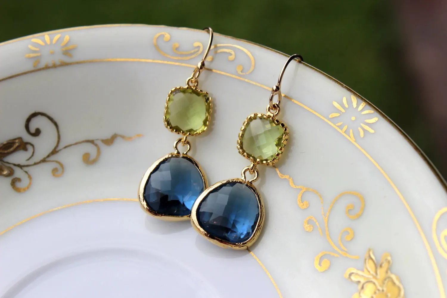 Peridot Green Earrings Sapphire Navy Gold Plated Glass - Bridesmaid Earrings - Wedding Earrings - Bridesmaid Jewelry - Wedding Jewelry