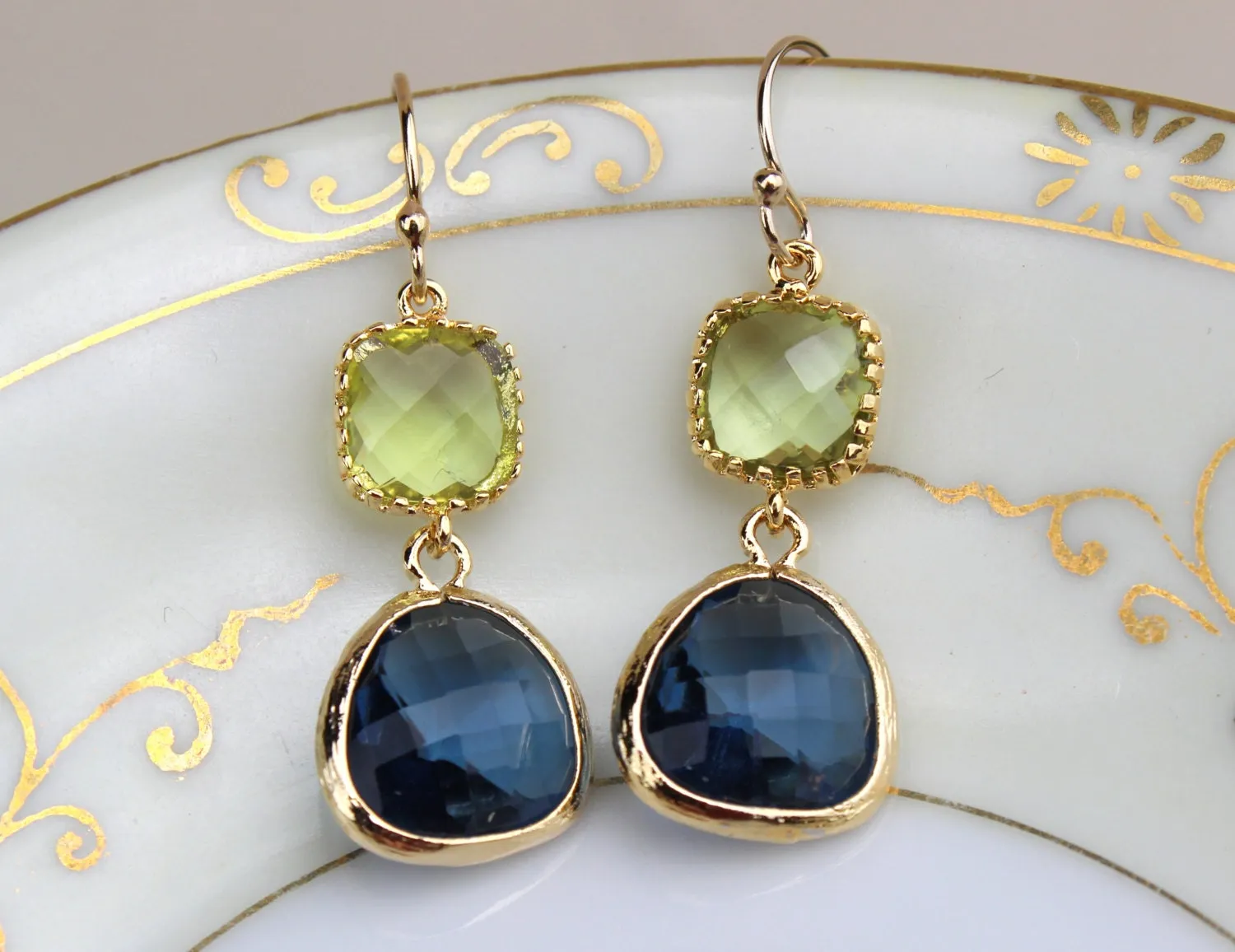 Peridot Green Earrings Sapphire Navy Gold Plated Glass - Bridesmaid Earrings - Wedding Earrings - Bridesmaid Jewelry - Wedding Jewelry
