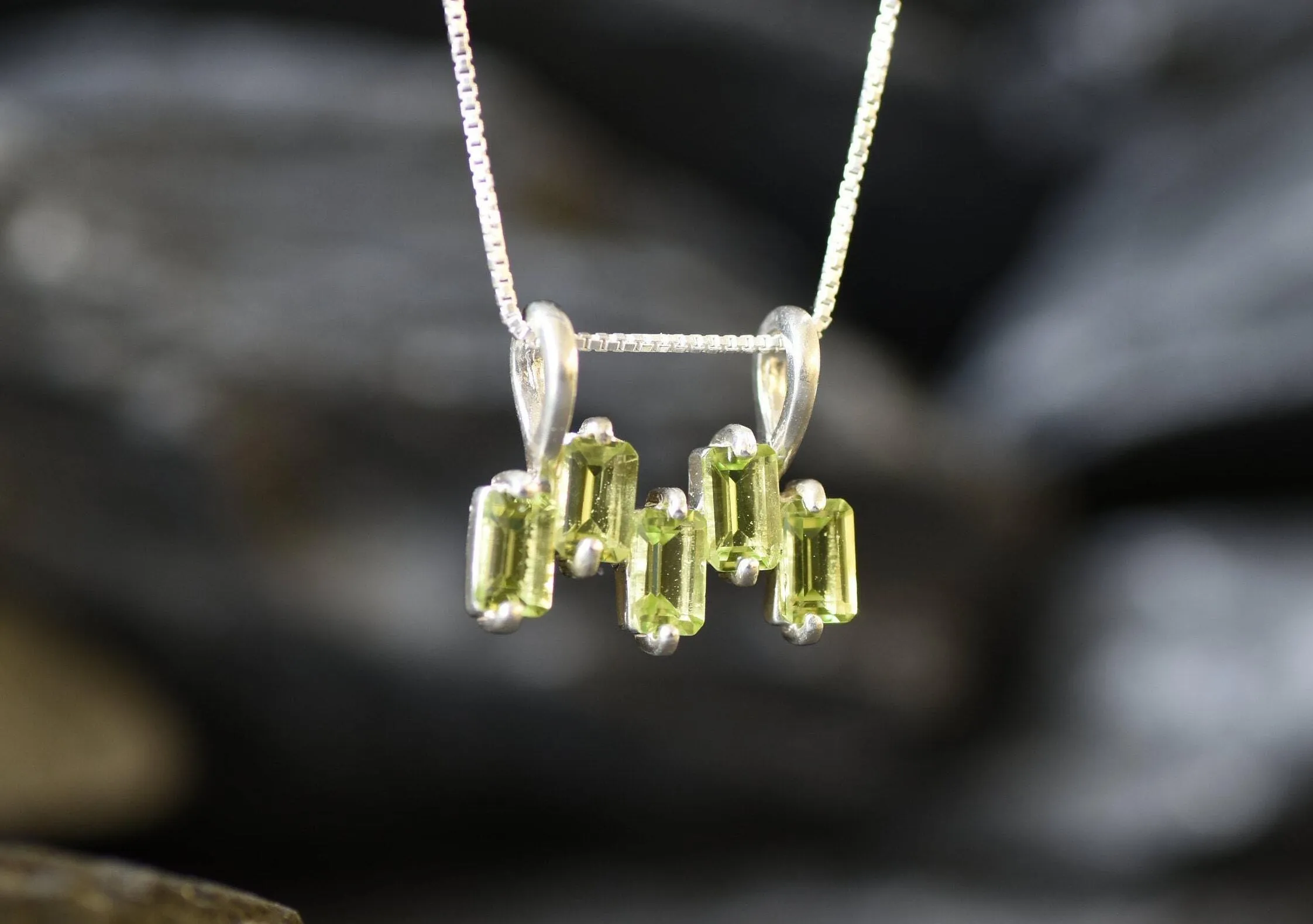 Peridot Necklace - Green Baguette Pendant - August Birthstone Necklace